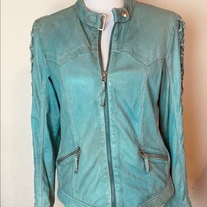 Vintage light turquoise leather Moto jacket M
